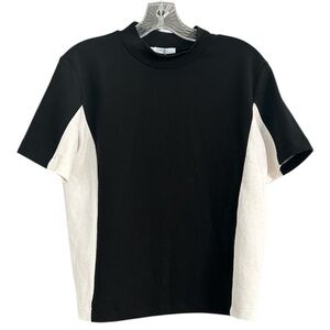 Zara Mock Neck Colorblock Black White Short Sleeve Shirt NWT Sz L polyeste as is